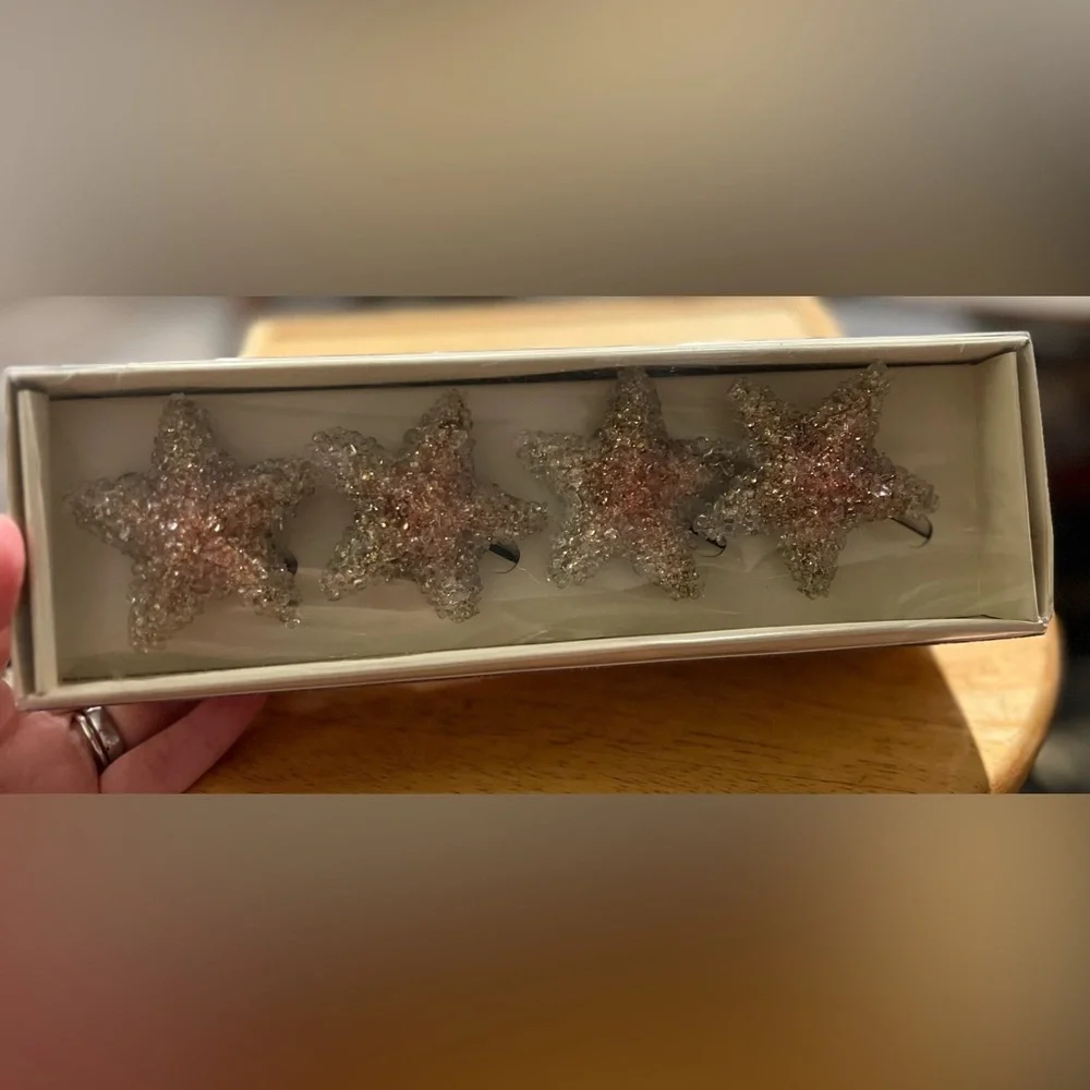 VTG Pier 1 Imports Set of 4 Gold Beaded Star Napkin Rings New In Box - Starfish